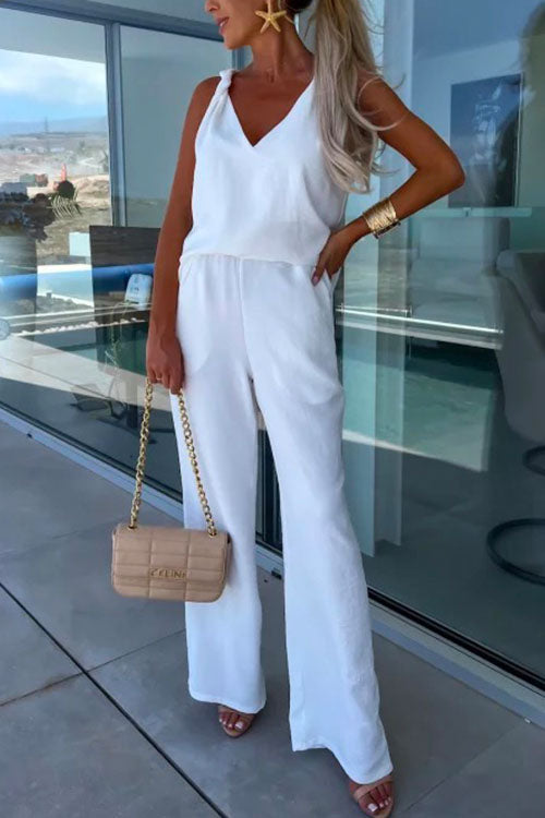 V Neck Sleeveless Top Wide Leg Pockets Pants Set
