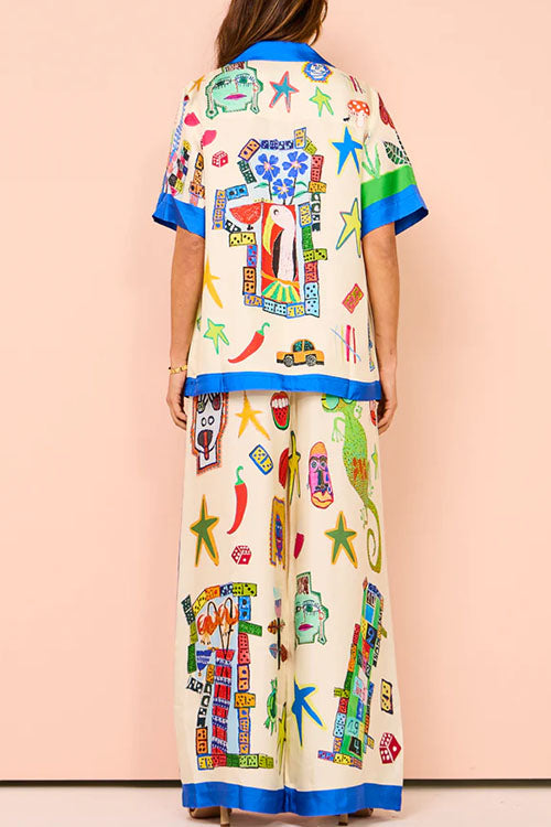 Graffiti Print Short Sleeves Blouse Shirt Drawstring Waist Wide Leg Pants Satin Set