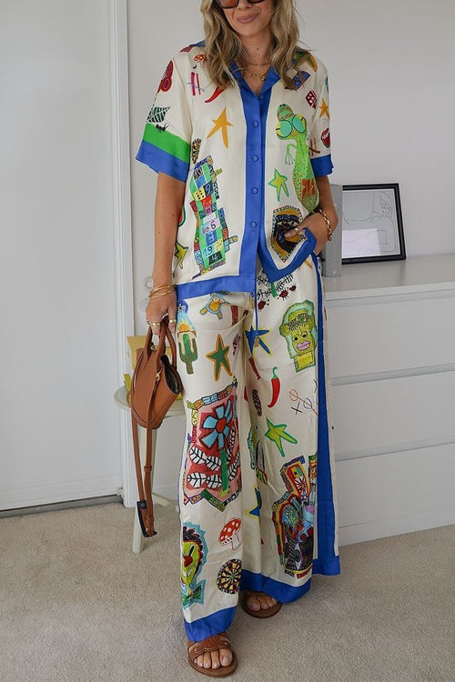 Unique Print Short Sleeves Button Down Shirt Elastic Waist Wide Leg Pants Set