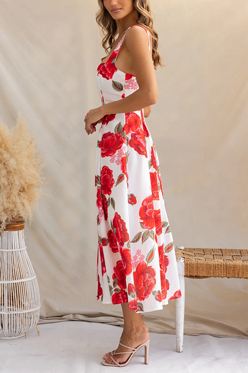 Adjustable Strap Print Swing Midi Dress
