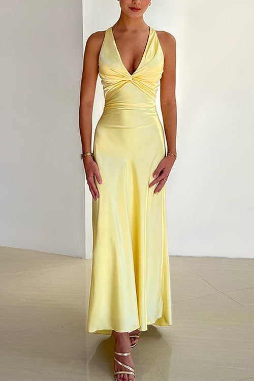 V Neck Back Tie Bow Cut Out Satin Maxi Dress