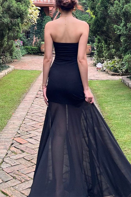 Strapless Mesh Splice Bodycon Maxi Dress