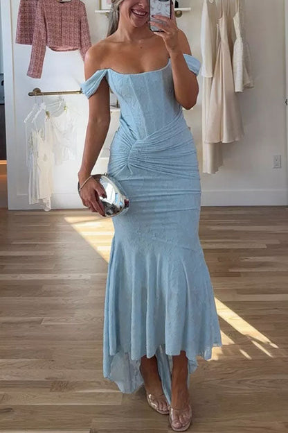 Moxidress Sleeveless Ruched Waist Ruffle Hem Jacquard Maxi Dress