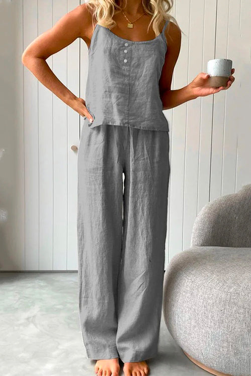 Cotton Linen Cami Top Wide Leg Pants Loungewear Set