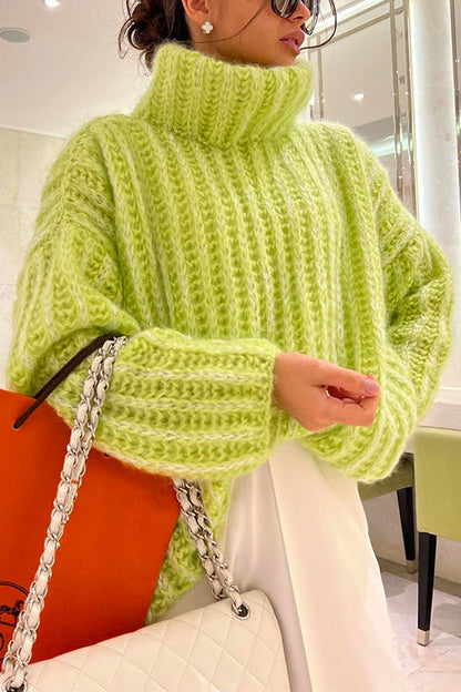 Turtleneck Drop Shoulder Fluffy Pullover Sweater