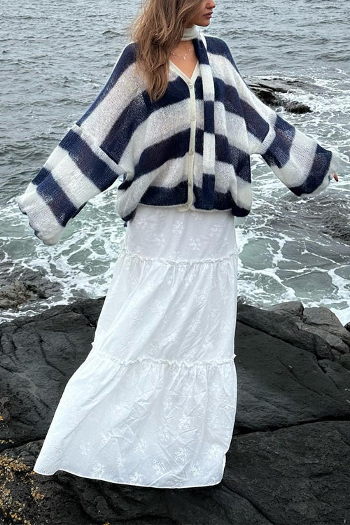 Moxidress Lantern Sleeves Button Down Color Block Stripes Sweater With Scarf