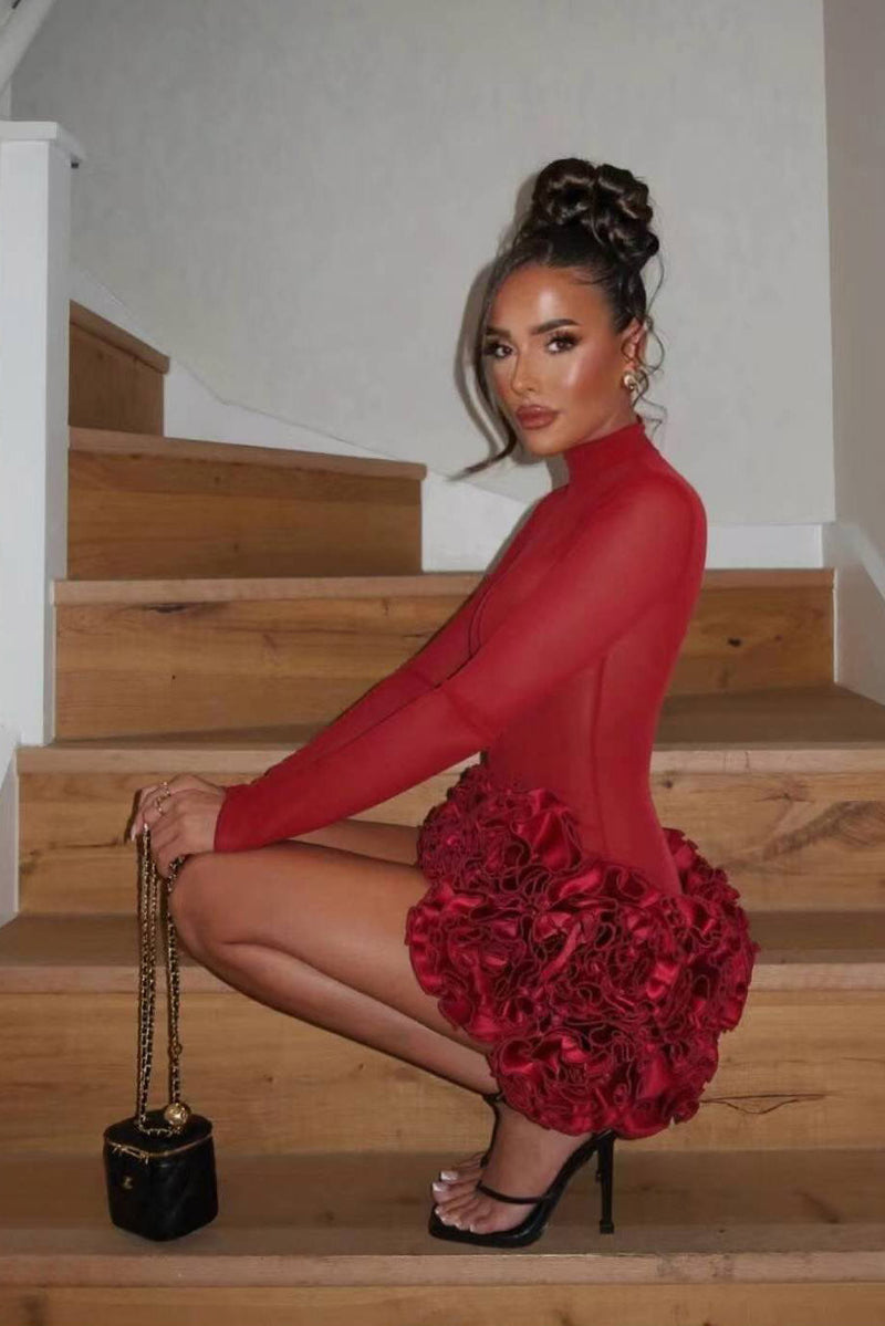 Red 3d Flower Hem Lace-up Off-shoulder Mini Dress