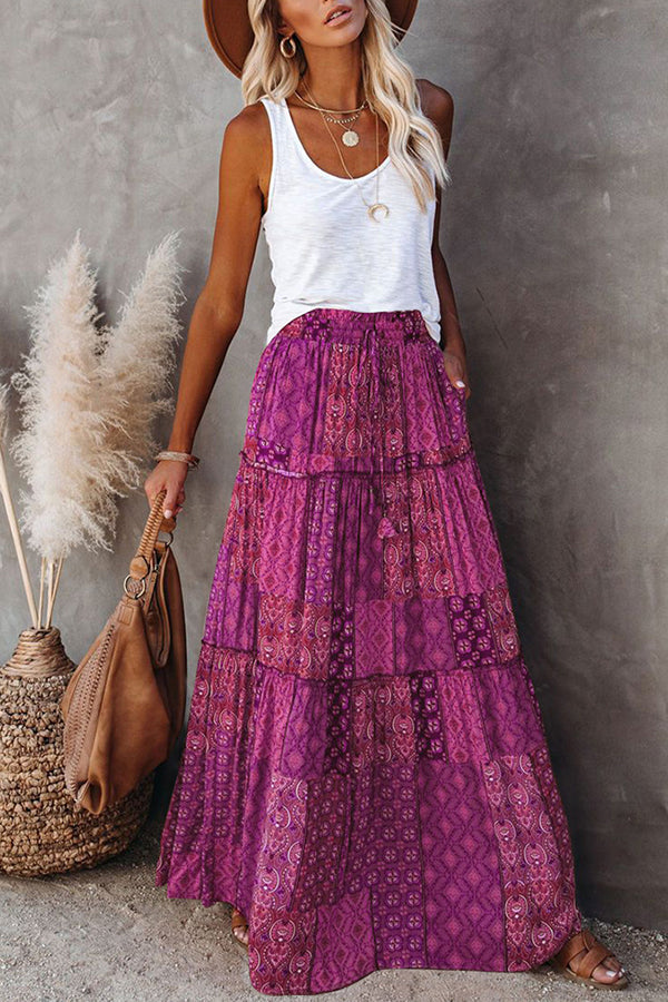 Print Stretch Elastic Waist Pocket High Waist Skirt
