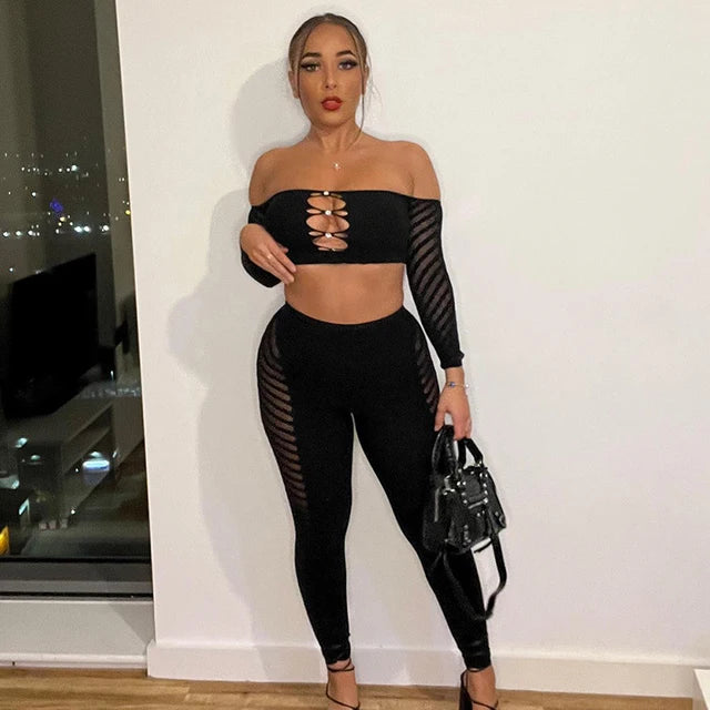 Autumn Mesh See-through Hollow Sheering Diamonds Button Wrapped Chest Long Sleeves Blouse Skinny Pencil Trousers