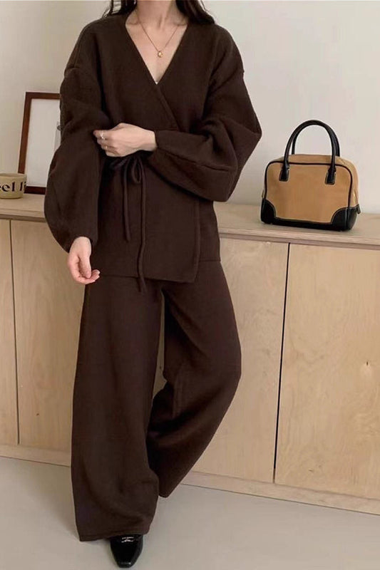 Loose Belted Knit Cardigan Wide-leg Pants Two Piece Set