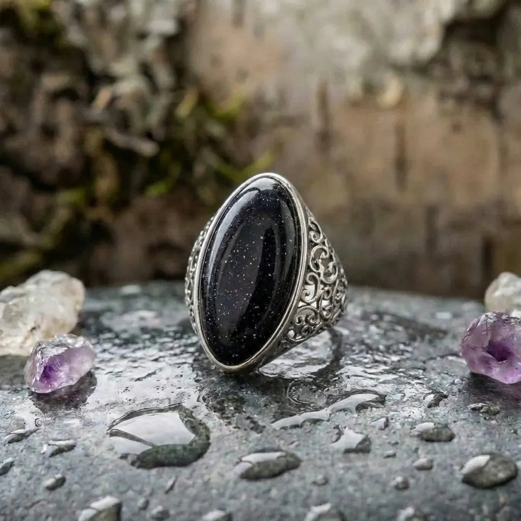 Vintage Silver Midnight Oval Stone Ring