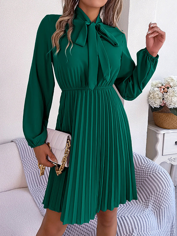 Long Sleeves Loose Pleated Color Tied Mock Neck Mini Dresses