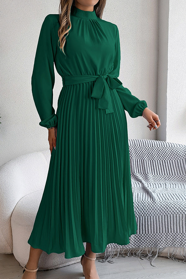 Stand-collar Long-sleeve Waisted Tie-up Pleated Midi Dress