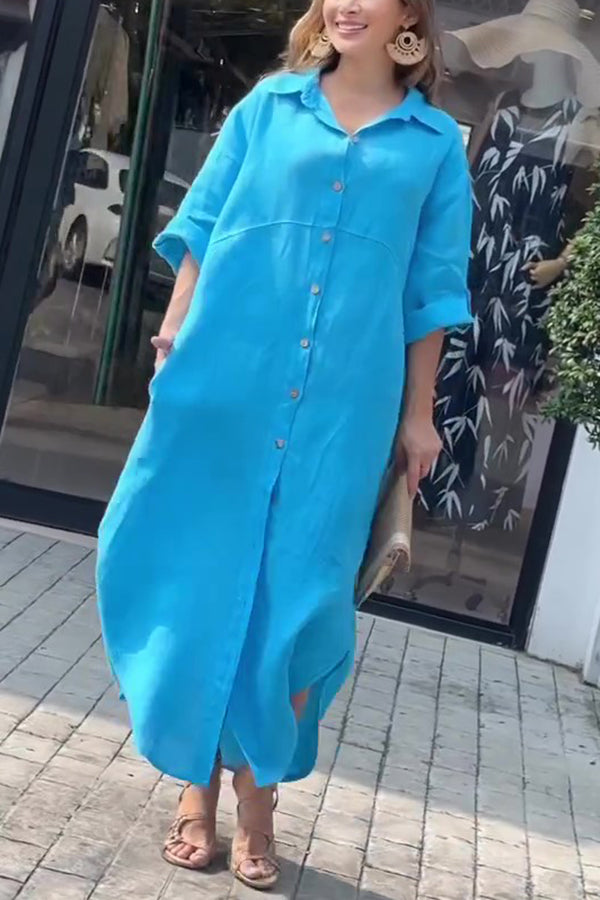 Linen Blend Color Long Sleeve Buttoned Loose Pockets Maxi Dress