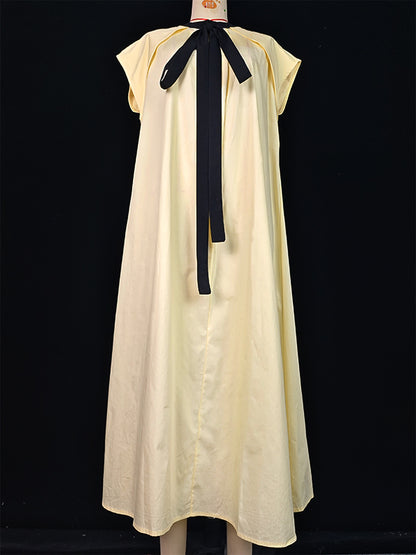 A-line Loose Pleated Tied Round-neck Midi Dresses
