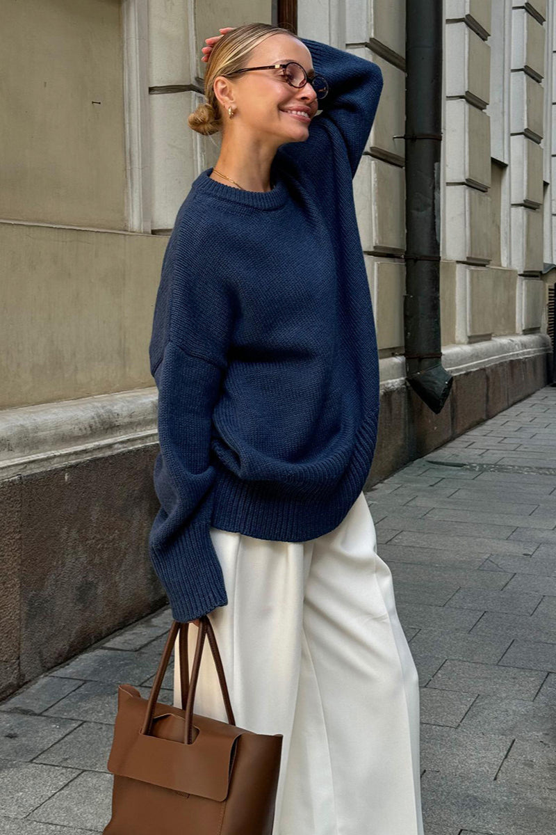 Color Relaxed Fit Crew Neck Knit Sweater