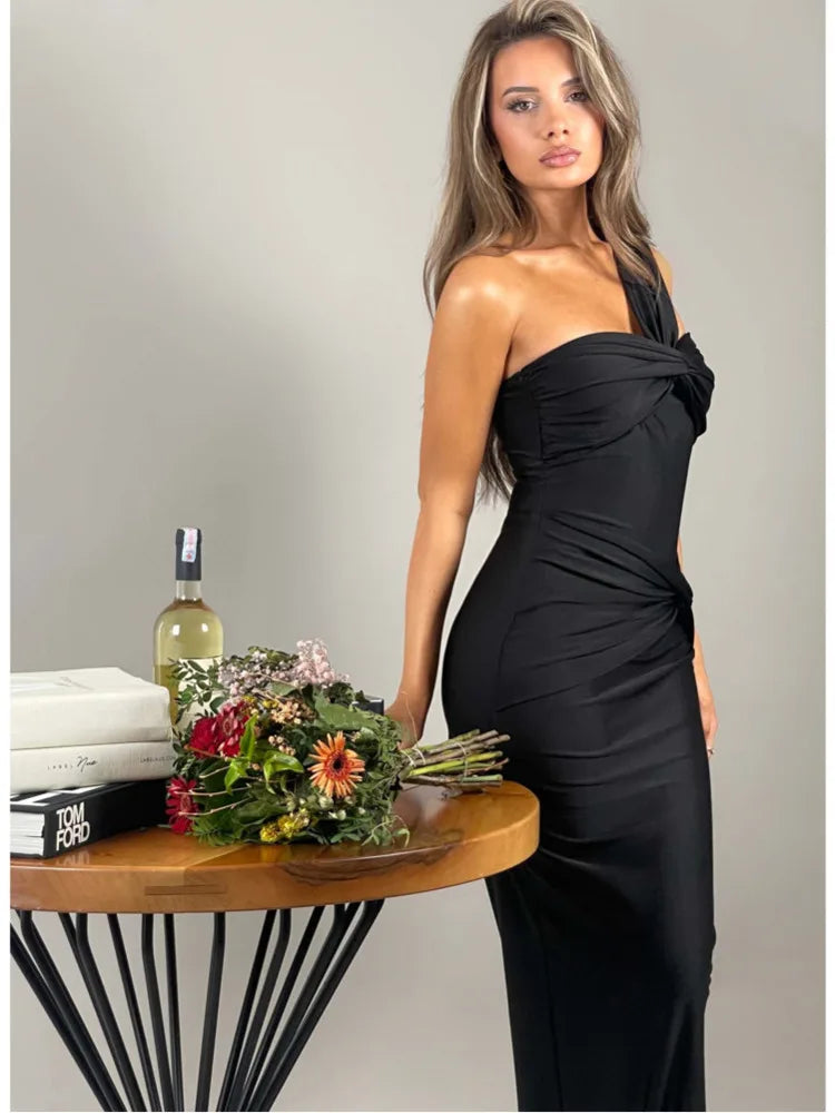 Sleeveless Single Shoulder Strap Zipper Evening Dress Pleated Slim Maxi Dress Female Party Club Vestidos