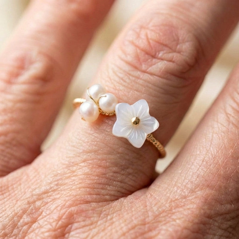 An Elegant Adjustable Gold Wire Wrap Pearl & Flower Ring