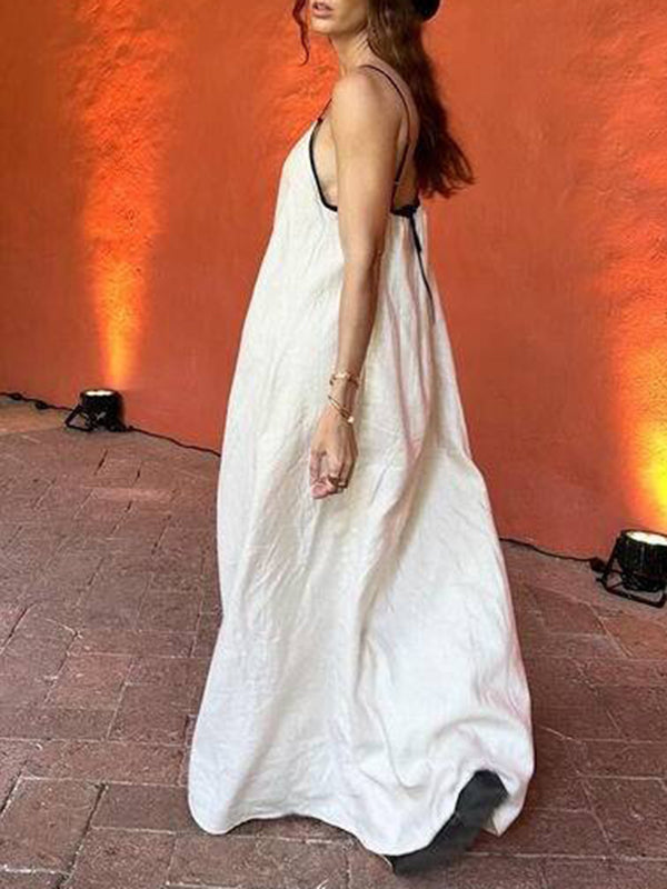 A-line Loose Split-joint Spaghetti-neck Maxi Dresses
