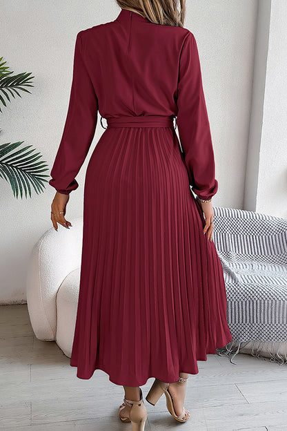 Stand-collar Long-sleeve Waisted Tie-up Pleated Midi Dress