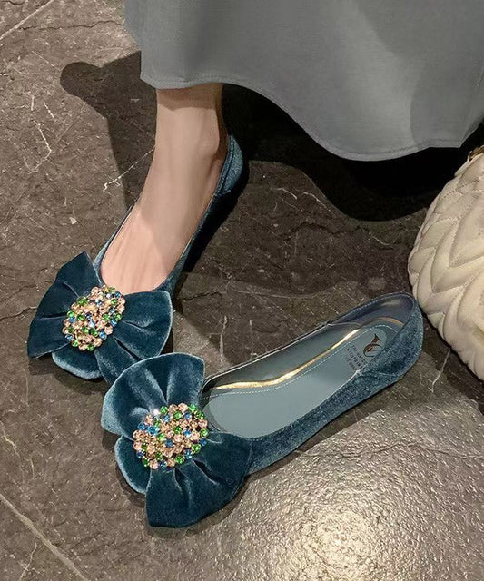 Blue Flat Feet Shoes Velour Splicing Bow Zircon