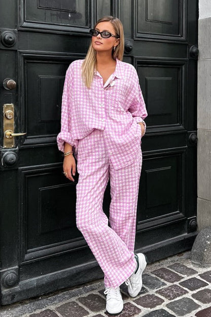 Pink Plaid Loose Two Piece Set