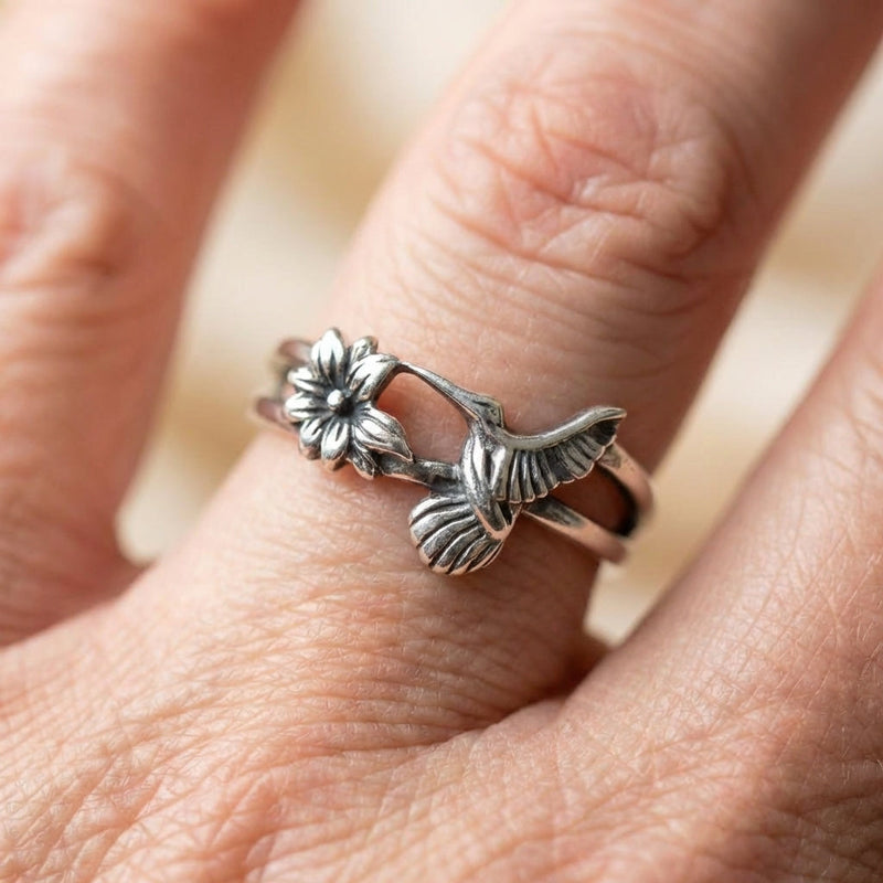 Vintage Hummingbird Flower Silver Ring