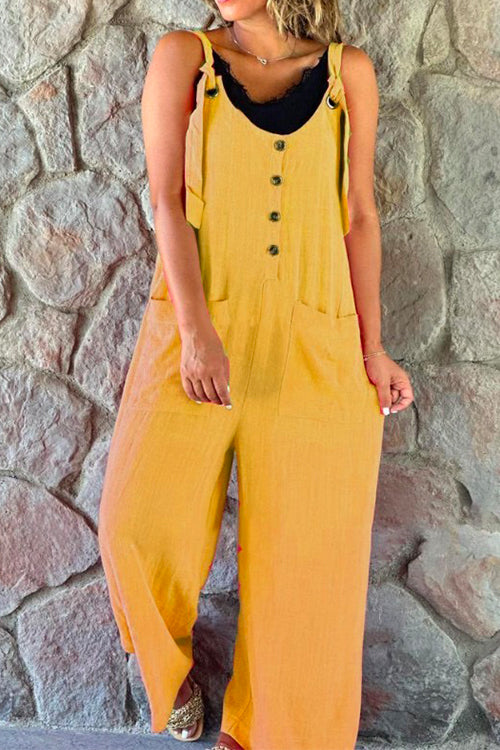 Scoop Neck Buttons Wide Leg Cotton Linen Overalls