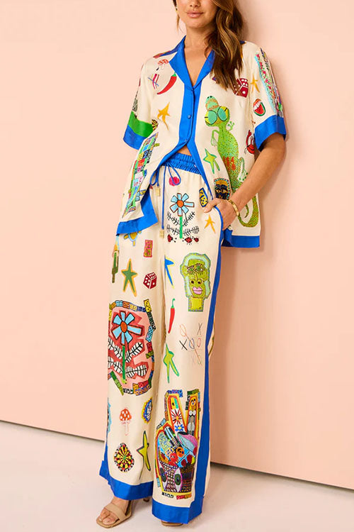 Graffiti Print Short Sleeves Blouse Shirt Drawstring Waist Wide Leg Pants Satin Set