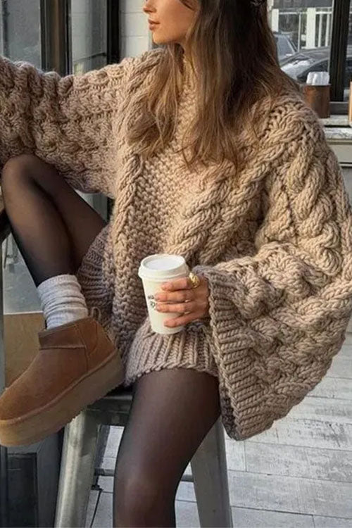 Moxidress Round Neck Oversized Cable Knit Sweater