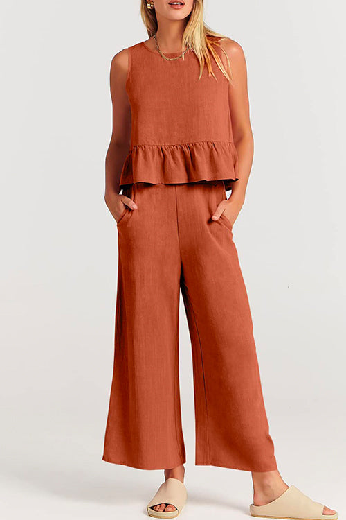 Crewneck Ruffle Tank Top Wide Leg Pockets Pants Set