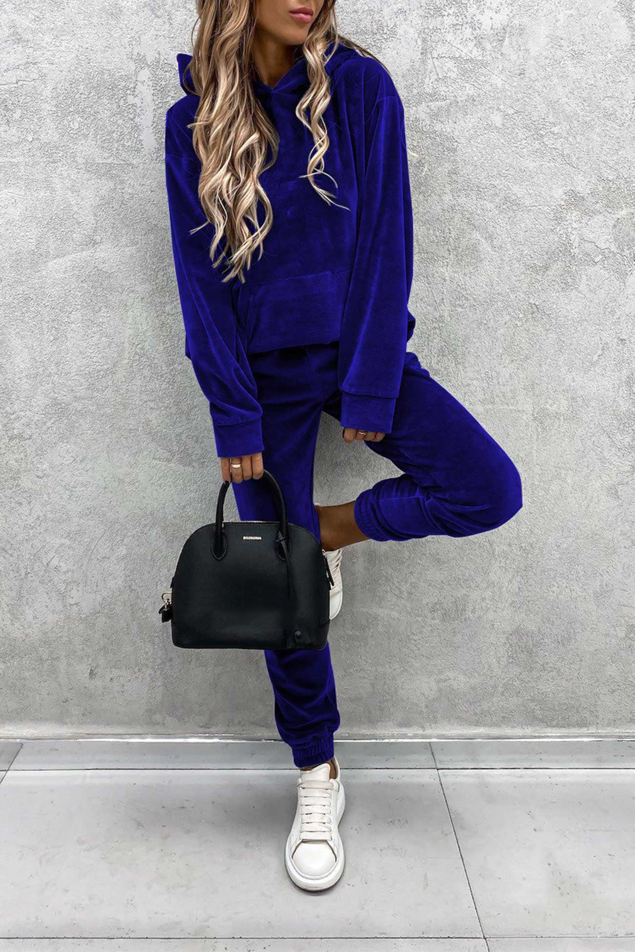 Velour Color Hoodie Long Pants Set