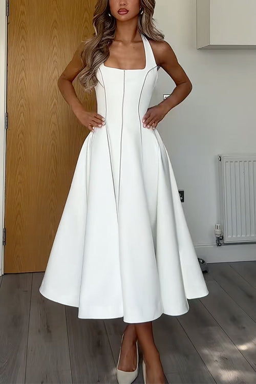 Moxidress Halter Neck Backless Hollow Out Swing Midi Dress