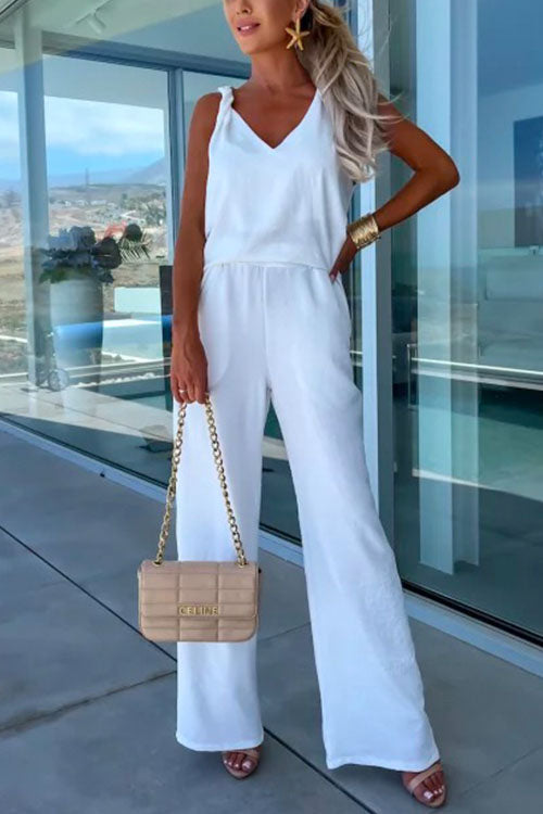 V Neck Sleeveless Top Wide Leg Pockets Pants Set