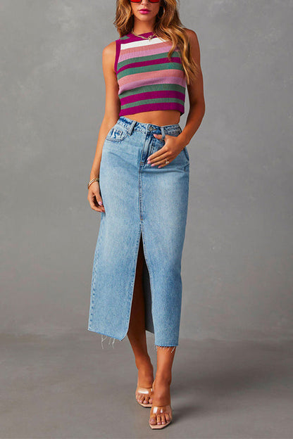 High Rise Raw Hem Slit Front Denim Midi Skirt