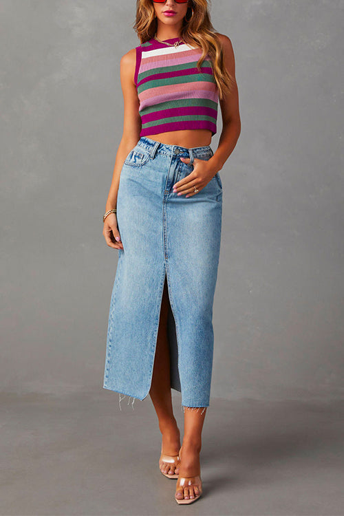 High Rise Raw Hem Slit Front Denim Midi Skirt