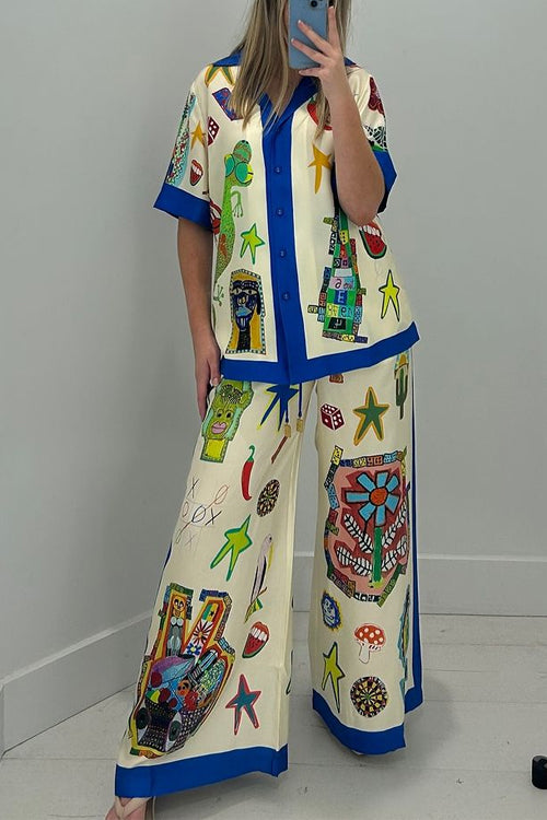 Unique Print Short Sleeves Button Down Shirt Elastic Waist Wide Leg Pants Set