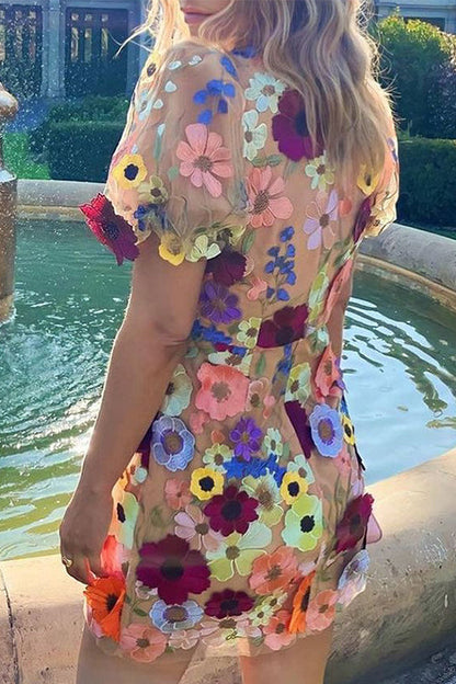 V Neck Puff Sleeves Embroidered Mini Dress