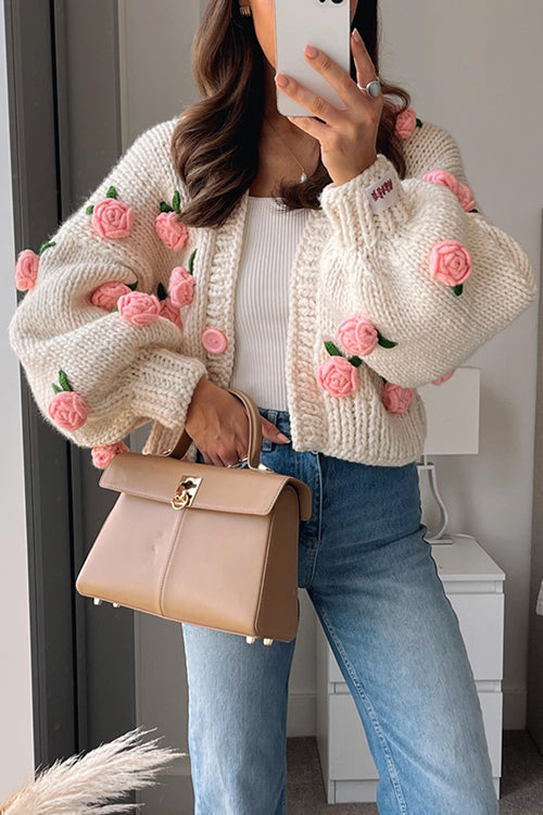 Moxidress Button Down Flower Applique Sweater Cardigan