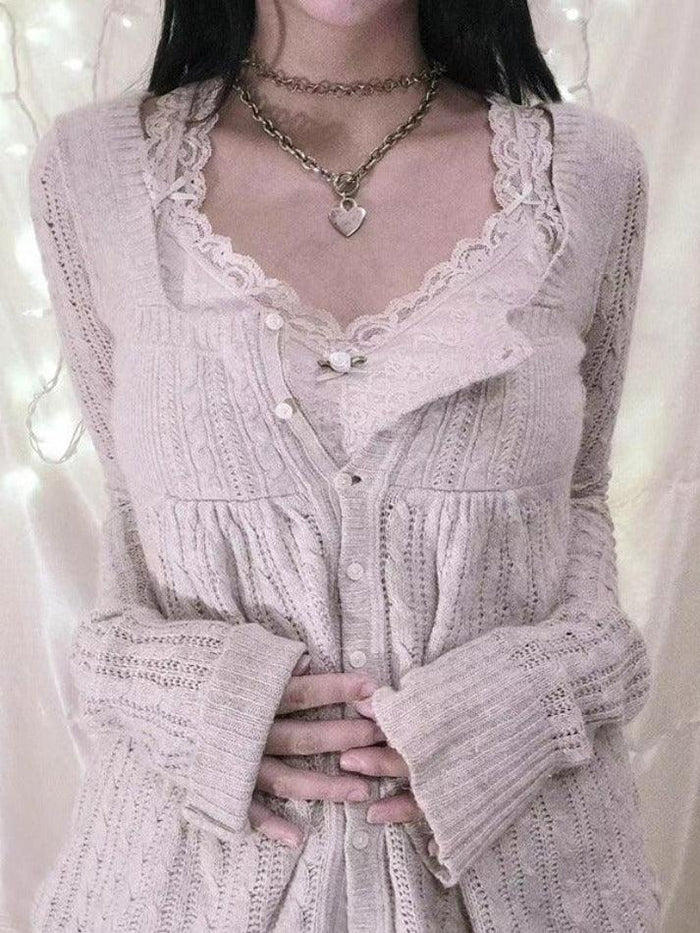 Beige Pointelle Square Neck Knit Cardigan