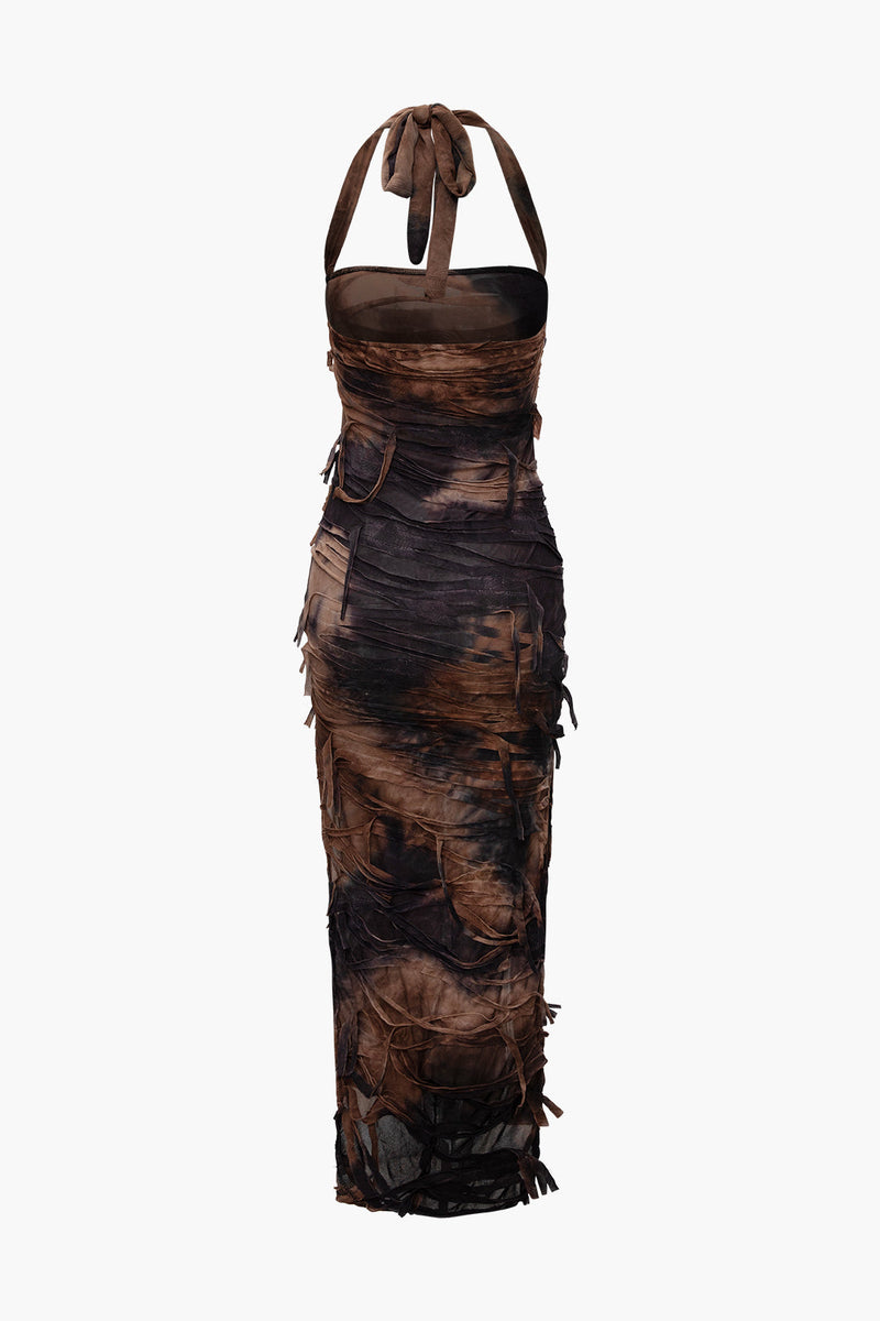 Tie Dye Distressed Mesh Maxi Dress With Slit Halter