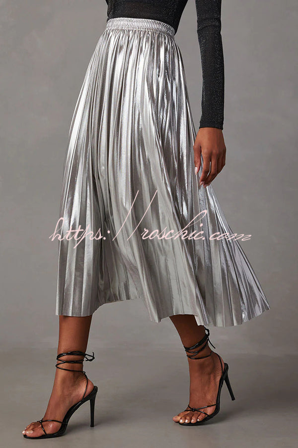 Yuletide Glow Metallic Fabric Pleated Elastic Waist Midi Skirt