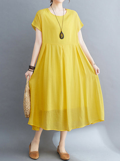 Loose Short Sleeves Color Split-joint Round-neck Midi Dresses