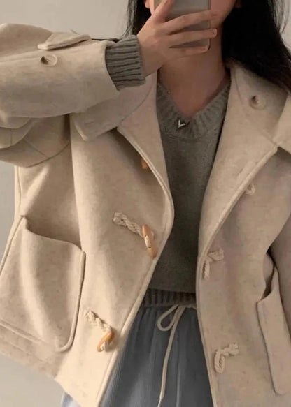 Horn Button Woolen Hooded Coat With Large Pockets