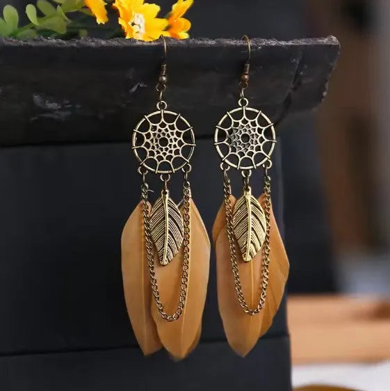 Bohemian Dream Catcher Feather Long Earrings