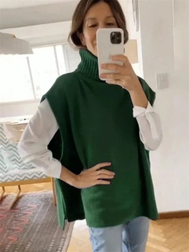 Loose Female Turtleneck Top Sleeveless High Street Knit Pullover Autumn Knitwear Oversized Sweater