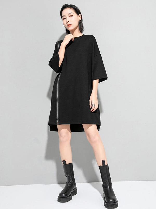 Original Black Zipper Batwing Sleeve Round-neck Mini Dress
