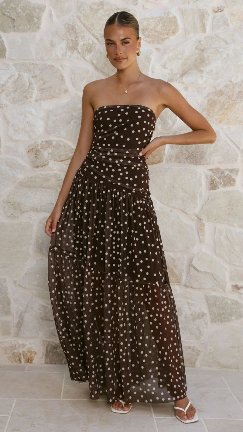 Polka Dot Strapless Ruched Maxi Dress