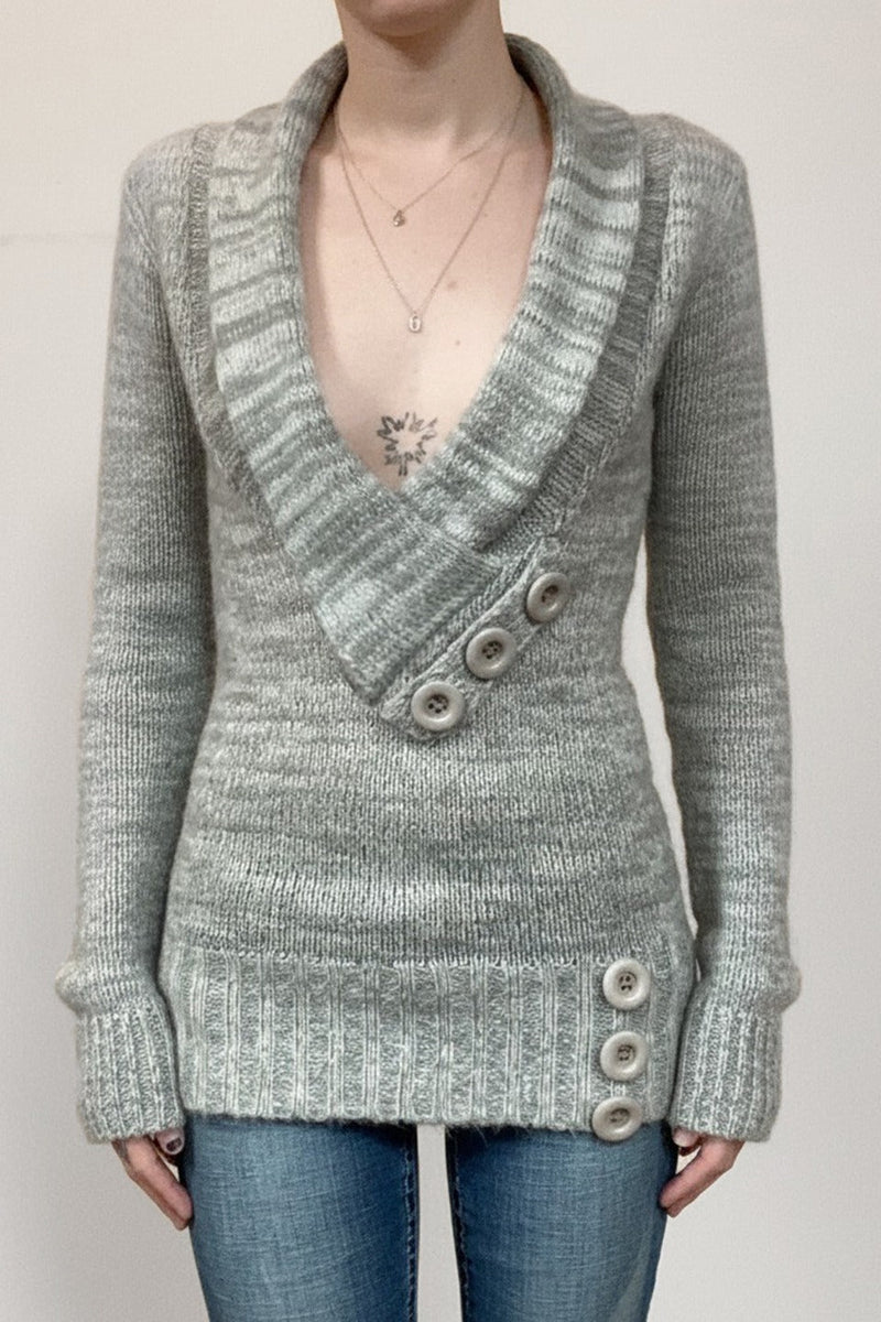Paneled Asym V Neck Button Sweater
