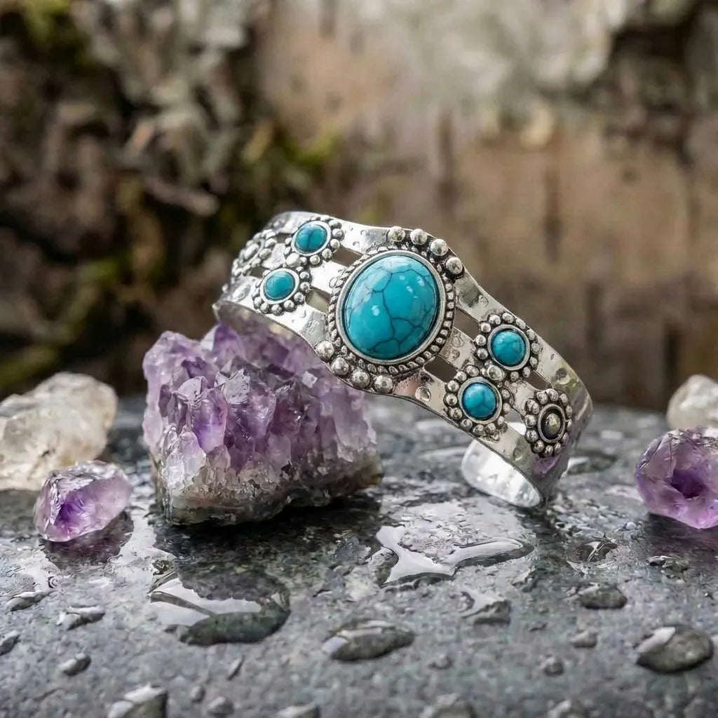 Vintage Silver Turquoise Open Adjustable Bracelet